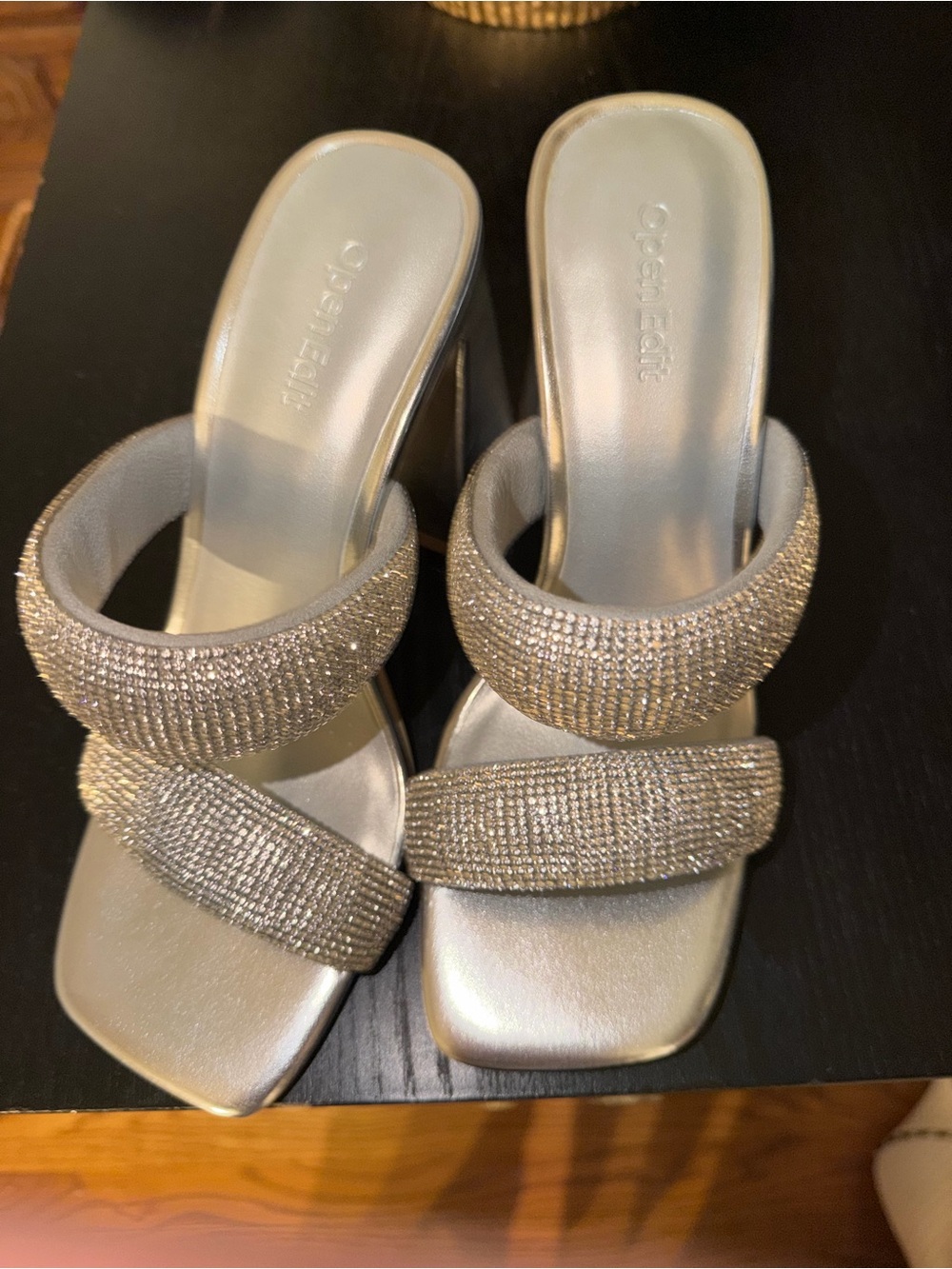Beige/Silver Crystal Double-Strap Slide Sandals